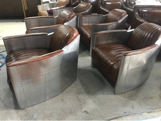 Armchair Genuine leather Couch Sofa Airplane club Lounge Retro Aviator Vintage Aluminum