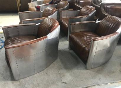 Armchair Genuine leather Couch Sofa Airplane club Lounge Retro Aviator Vintage Aluminum