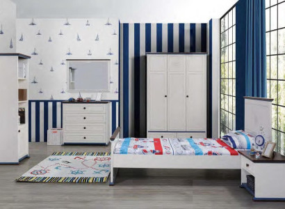 Bedroom Childrens room Set Modern Wardrobe Chest of drawers Table Wood White new 5pcs.