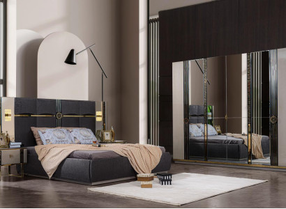 Luxury bedroom furniture Double bed Bedside tables Gray 4-piece Wardrobe Bed