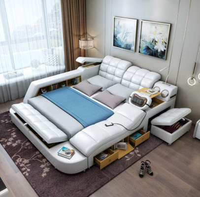 Bed Double Shelves Leather Upholstery Beds Multifunction with Massagefunction new