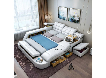 Bed Double Shelves Leather Upholstery Beds Multifunction with Massagefunction new