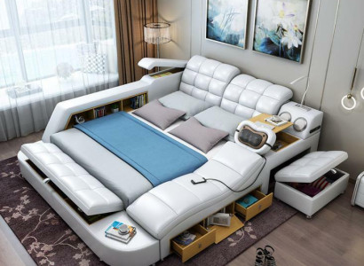 Bed Double Shelves Leather Upholstery Beds Multifunction with Massagefunction new