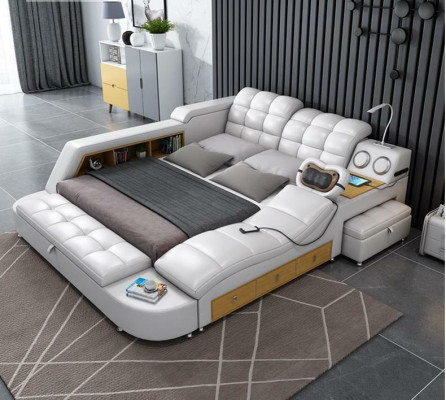 Bed Double Shelves Leather Upholstery Beds Multifunction with Massagefunction new