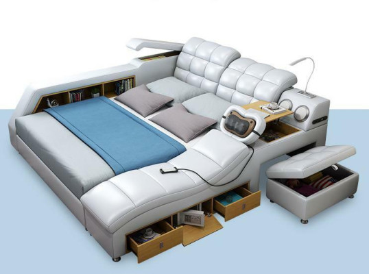 Bed Double Shelves Leather Upholstery Beds Multifunction with Massagefunction new