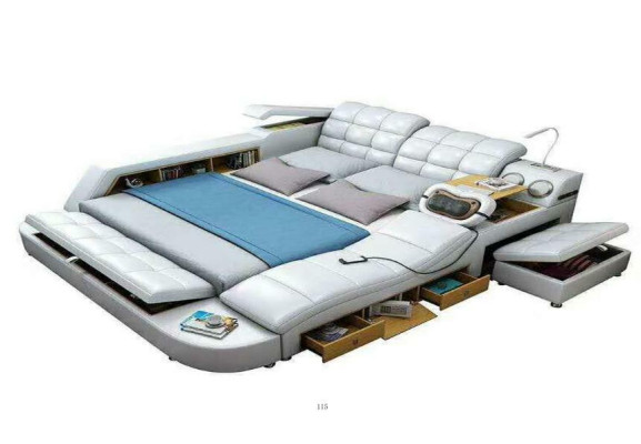 Bed Double Shelves Leather Upholstery Beds Multifunction with Massagefunction new