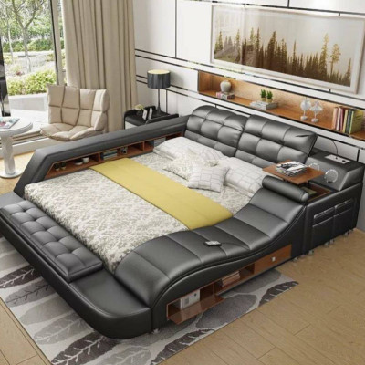Bed Double Shelves Leather Upholstery Beds Multifunction with new massage function