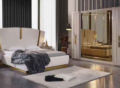 Double bed Suite Bedroom Bed Bedside tables 4pcs Beige Wardrobe