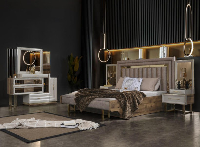 Bedroom furniture Double bed Bed Bedside tables Console Beige 4-piece luxury
