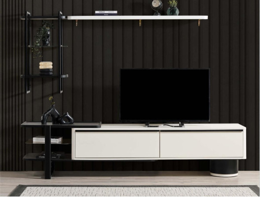 Living room TV-cabinet Lowboard TV Stand Wardrobe Wood White Shelves Wall unit