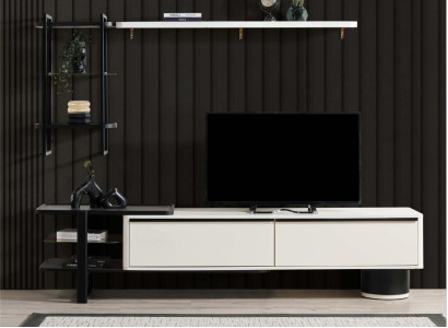 Living room TV-cabinet Lowboard TV Stand Wardrobe Wood White Shelves Wall unit