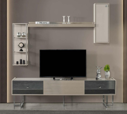 Wall unit TV-cabinet Lowboard TV Stand Wardrobe Wood Gray Shelves Living room