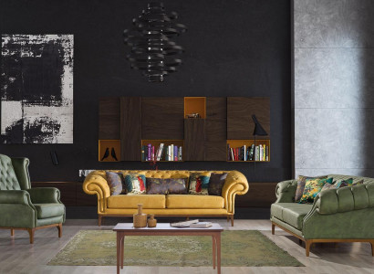 Green-Yellow Upholstered Designer Three-Seater Luxury Armchair 3+3+1 Set