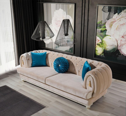 Beige Chesterfield Upholstery Couch Designer Three Seater Textile Sofas Set of 3