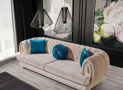 Beige Chesterfield Upholstery Couch Designer Three Seater Textile Sofas Set of 3