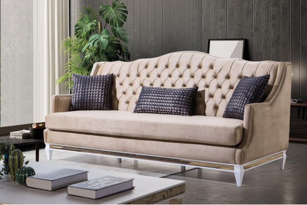 Beige Chesterfield three-seater luxury textile sofa designer fabric couches