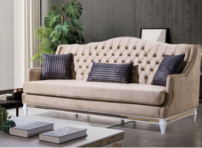 Beige Chesterfield three-seater luxury textile sofa designer fabric couches