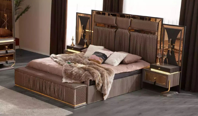Complete's Set Bed Beige 7-piece Bedroom Double bed Fabric Bedside tables