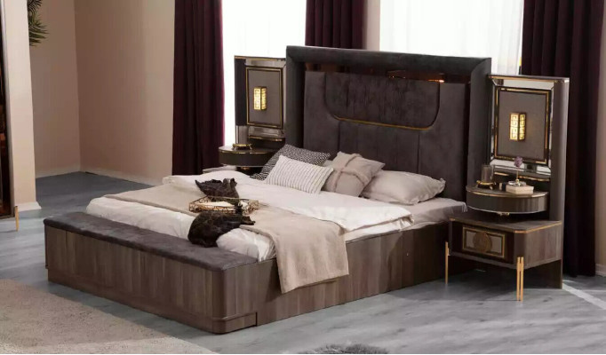 Bedroom Beds Double bed Gray Fabric Suite Set 4-piece Bed Luxury