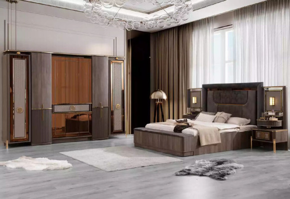Bedroom Beds Double bed Gray Fabric Suite Set 4-piece Bed Luxury