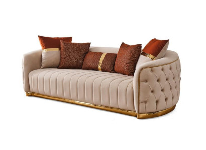 Beige Textile Three Seater Modern Designer Luxury Couch Chesterfield Beige