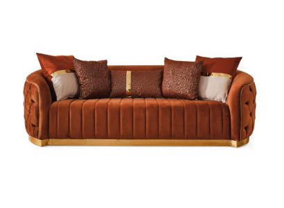Orange Textile Three Seater Modern Designer Luxury Couch Sofa Velvet Chesterfield