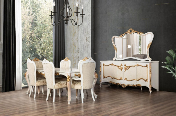 Complete Set Dining table + 6 Chairs Dining room Ess Group Wood Sideboard + Mirror 9 pieces