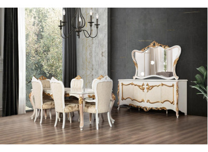 Complete Set Dining table + 6 Chairs Dining room Ess Group Wood Sideboard + Mirror 9 pieces