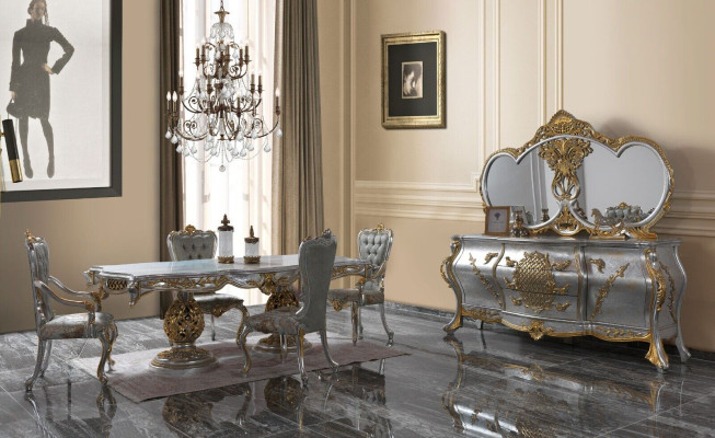 Dining set Dining room Dining table Chairs Wood Set 11pcs Gray Baroque Sideboard