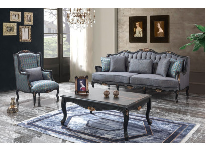 Chesterfield Sofa set Three Seater Armchair Fabric Coffee table Blue new