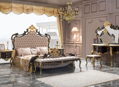 Double bed Suite Chesterfield Luxury Bedroom Bed 6pcs Black Beds