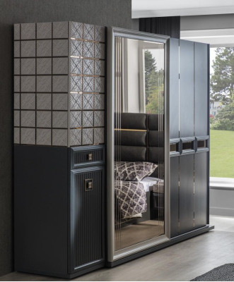 Modern Wardrobe Wardrobe Bedroom Cabinets Gray Wood Mirror