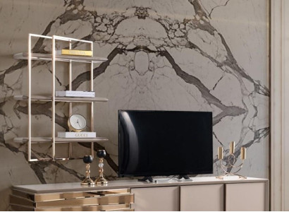 TV-cabinet Lowboard TV Stand Sideboard Beige Gold Living room Set Shelves new