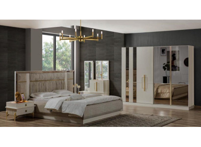 Luxury Double bed Bedroom Suite Wood Beige Fabric Bed Set 5pcs