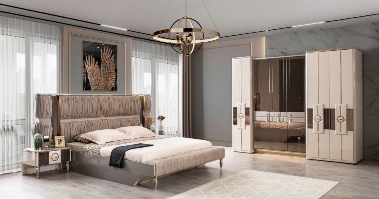 Modern Suite Double bed Bed Beige Wood Luxury Bedroom Set 4pcs