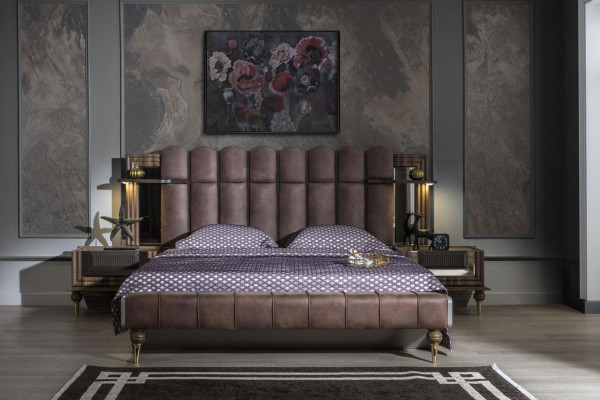 Double bed Suite Luxury Bedroom Wood Brown Fabric Bed Set 4pcs