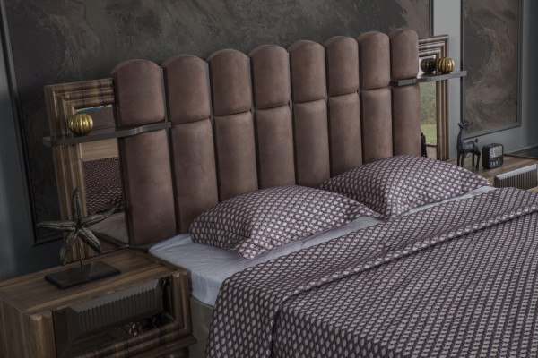 Double bed Suite Luxury Bedroom Wood Brown Fabric Bed Set 4pcs