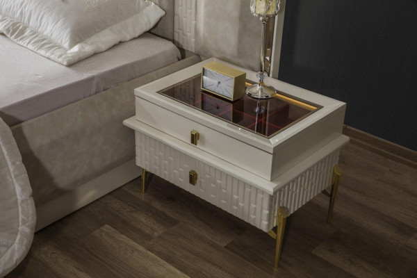 Bedroom Double bed Suite Wood Beige Fabric Bedside tables Set 3pcs