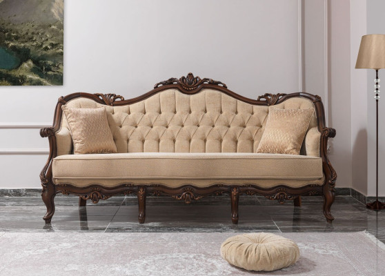 Three Seater Sofa 3 Seat Fabric Sofa Upholstered Sofa Beige Fabric Chesterfield 235cm