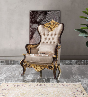 Wing Chair Armchair Beige Baroque Seater Fabric Polyester Living room
