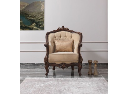 Armchair Wing Chair Seater Fabric Beige Polyester Wood Living room Baroque