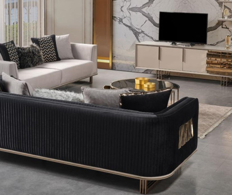 Modern Suite Three Seater Fabric Sofa Gray Blue Set 2 Piece Sofa Design