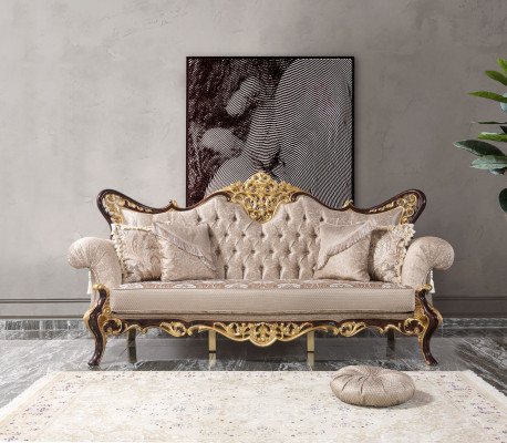 Three Seater Sofa 3 Seater Upholstered Sofa Fabric Sofa Beige Baroque Polyester