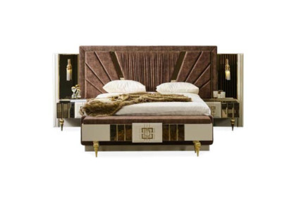 Modern Bed 2x Bedside tables with Bench seat stainless steel Design Beds new 3 pcs. Brown