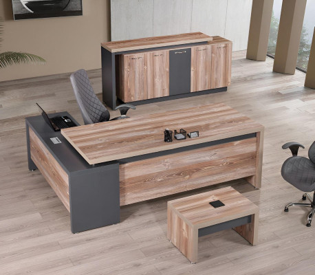 Study room furniture Corner Office table Complete e 3-piece Wood Gray Office furniture