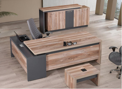 Study room furniture Corner Office table Complete e 3-piece Wood Gray Office furniture