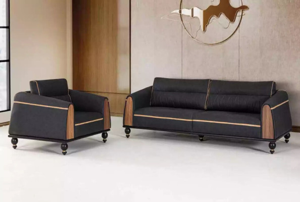 Black Sofa Set Modern Suite Three Seater Armchair Fabric Furniture 2 Pieces