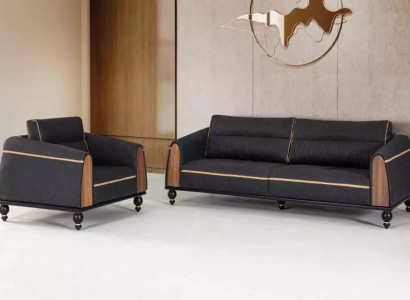 Black Sofa Set Modern Suite Three Seater Armchair Fabric Furniture 2 Pieces
