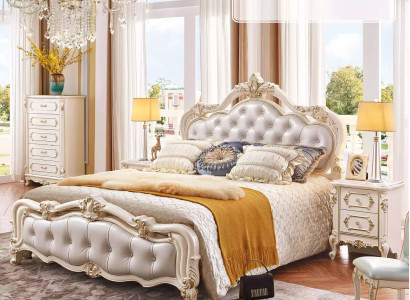 Bedroom Set chesterfield Bed + 2x Bedside tables Wood luxury 3-piece interior
