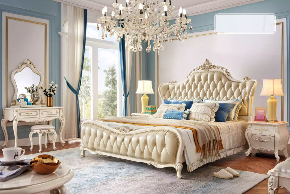 Bedroom Set classic Bed chesterfield 2x Bedside tables Solid wood 3-piece